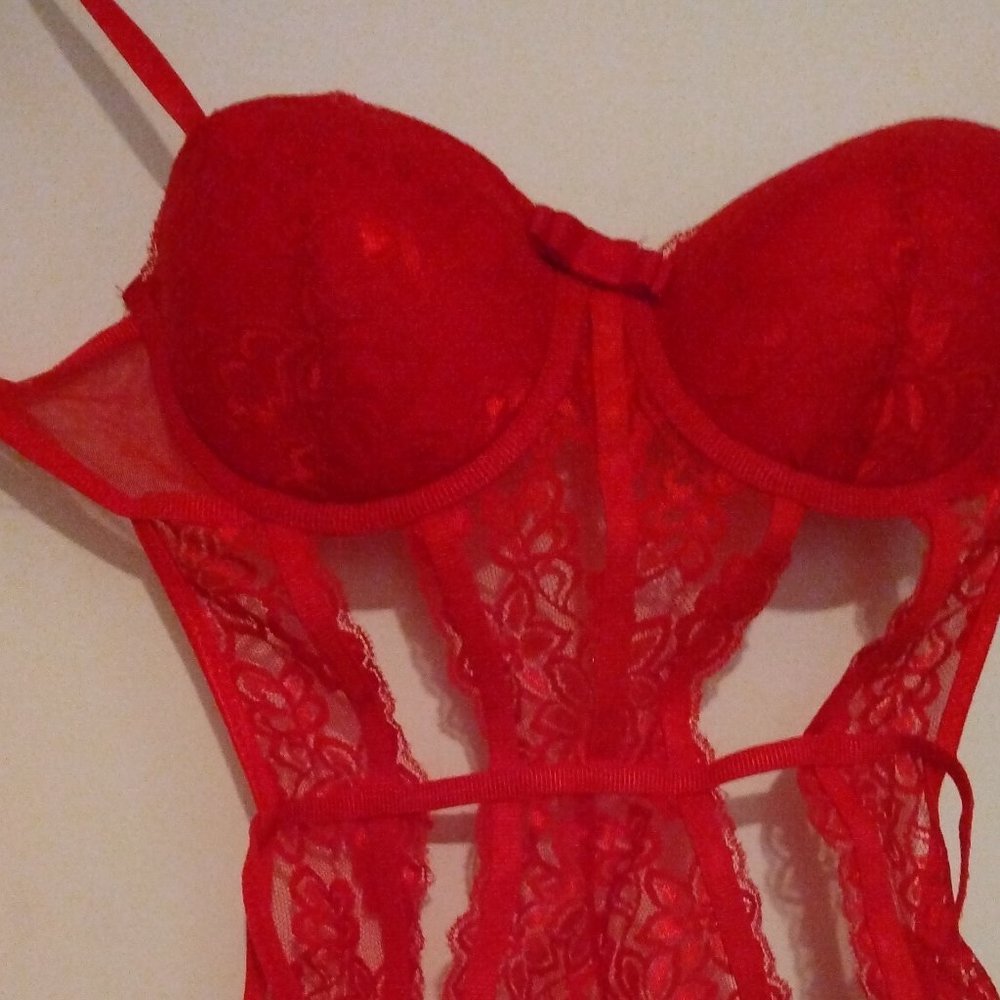 Sexy, red lace, one piece lingerie outfit